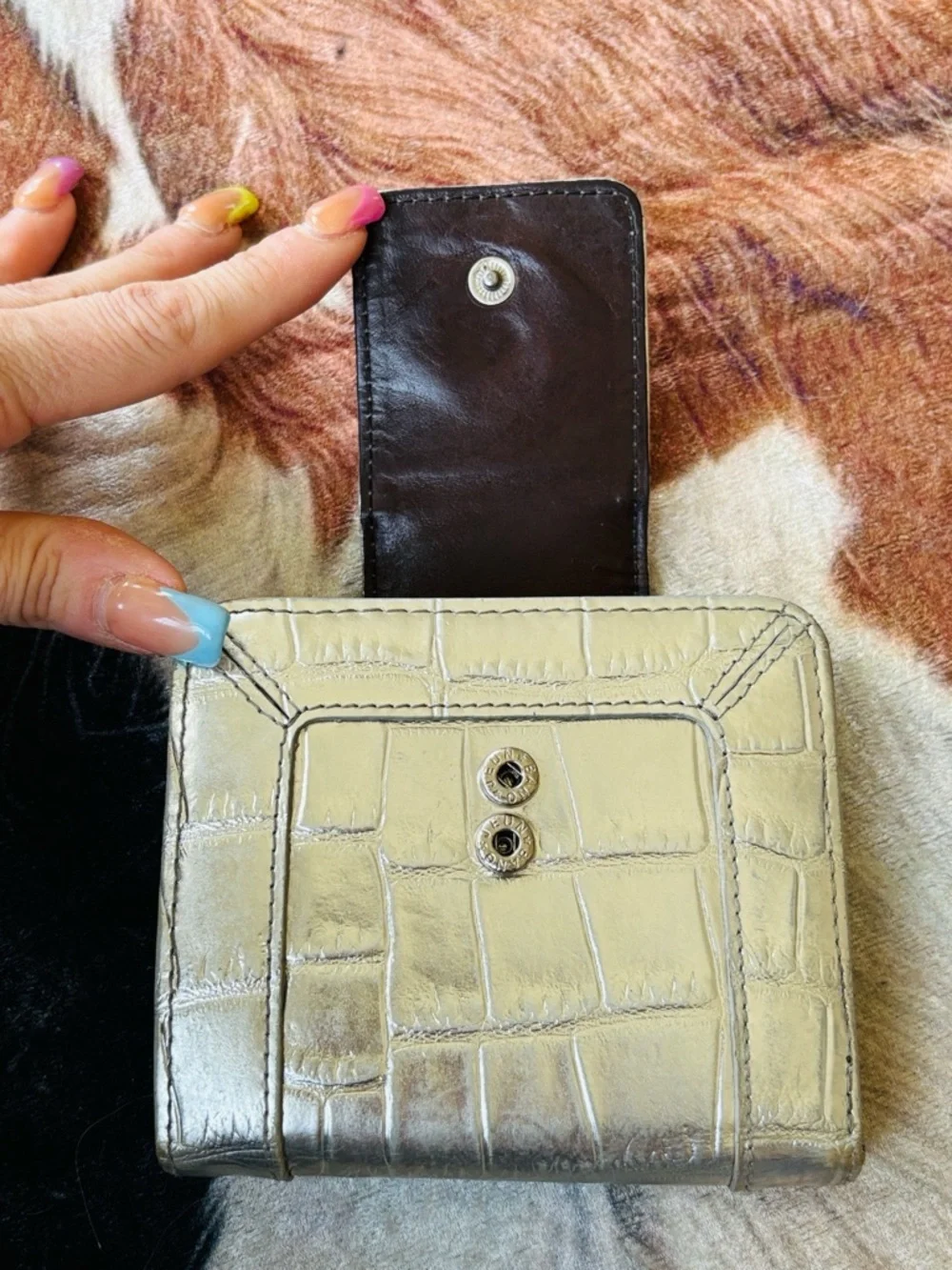 Tory Burch Metallic Silver Croc-Embossed Leather Bifold Wallet Teal Crystal Gems